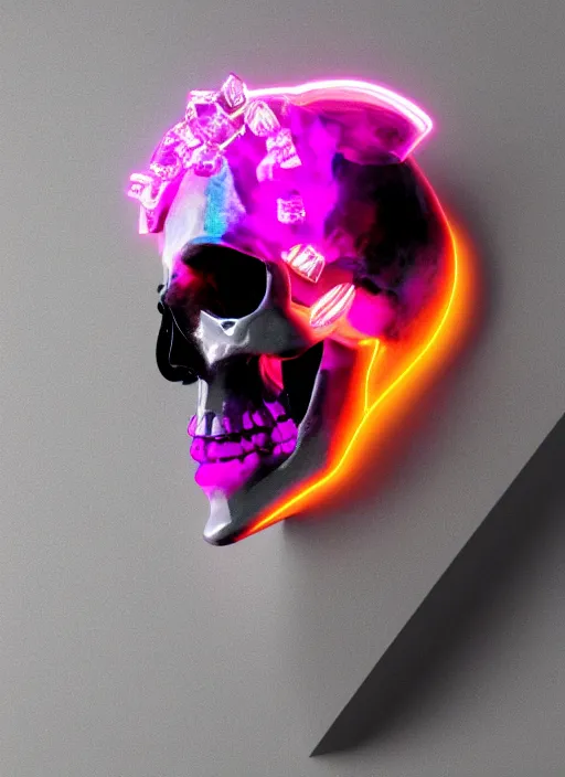 Image similar to photo of fullbodied baroque and bladerunner delicate neon diamond sculpture of seductive onyx albino marble prince kai harvatz dotado pink iridescent skull psychedelic, reclining, glowing magenta face, crown of white diamonds, cinematic lighting, photorealistic, octane render 8 k depth of field 3 d