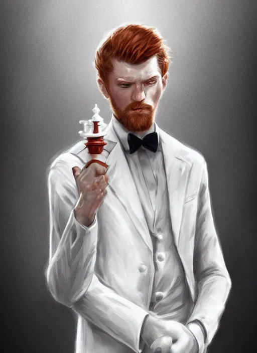 Image similar to a highly detailed illustration of short ginger haired man wearing white suit, dramatic holding chess piece pose, intricate, elegant, highly detailed, centered, digital painting, artstation, concept art, smooth, sharp focus, league of legends concept art, WLOP