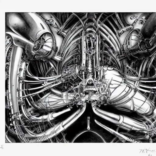 Image similar to britney spears encased in biomechanical machine, heavy conduits, complex scene, rich composition, heavy in detail, corruption, smooth, sharp focus, airbrush, illustration, symmetrical, art by h. r. giger