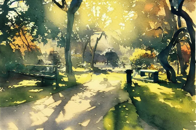 Image similar to small centered on watercolor paper, paint brush strokes, abstract watercolor painting of city park, daylight, shadows, foliage, sunlight, translucent leaves, cinematic light, national romanticism by hans dahl, by jesper ejsing, by anders zorn, by greg rutkowski, by greg manchess, by tyler edlin