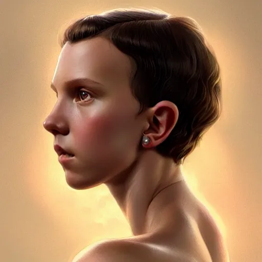 Image similar to millie bobby brown portrait of forest gog, female, clear face, masculine, upper body, muscular, fantasy, intricate, elegant, highly detailed, digital painting, artstation, concept art, matte, sharp focus, illustration, art by artgerm and greg rutkowski and alphonse mucha