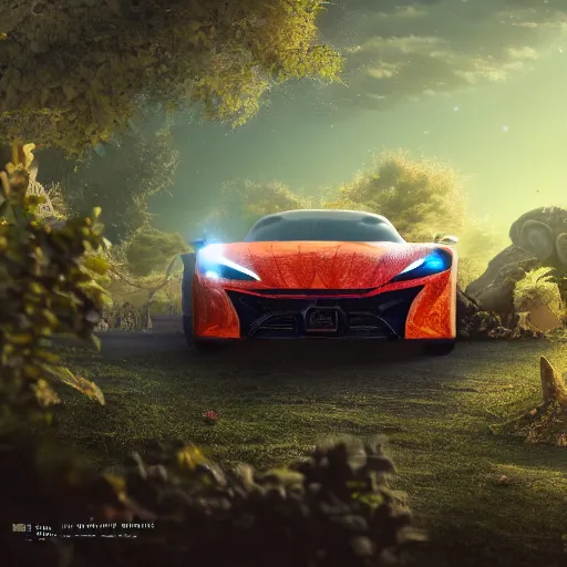 Image similar to a fancy alien sports car abandoned on magical biome of oddities, hyper realistic, luminescent, enchanted plants, magical trees, cinematic shot, intricate, ornate, photorealistic, ultra detailed, realistic, 1 0 0 mm, photography, octane, high definition, depth of field, bokeh, 8 k, behance, artstation