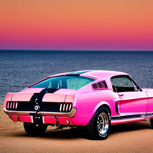 Prompt: long shot of 1967 Ford mustang Shelby GT500 in pink color at sunset in front a beach, 4k, amazing reflection, HD Photography