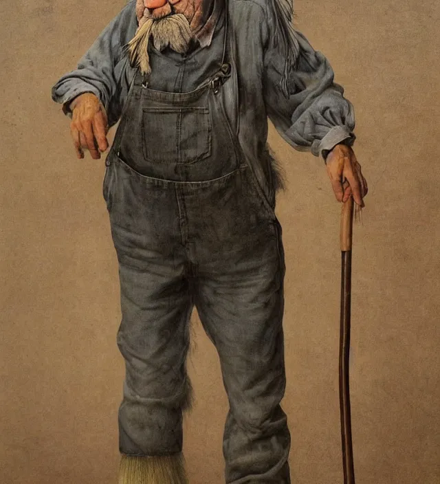 Prompt: full - length full photo of an old wizened stooped man wearing a cap and glasses and shapeless long grey overalls which cover his ankles, with his feather duster under his left arm octane render, highly detailed by giuseppe arcimboldo alan lee james gurney