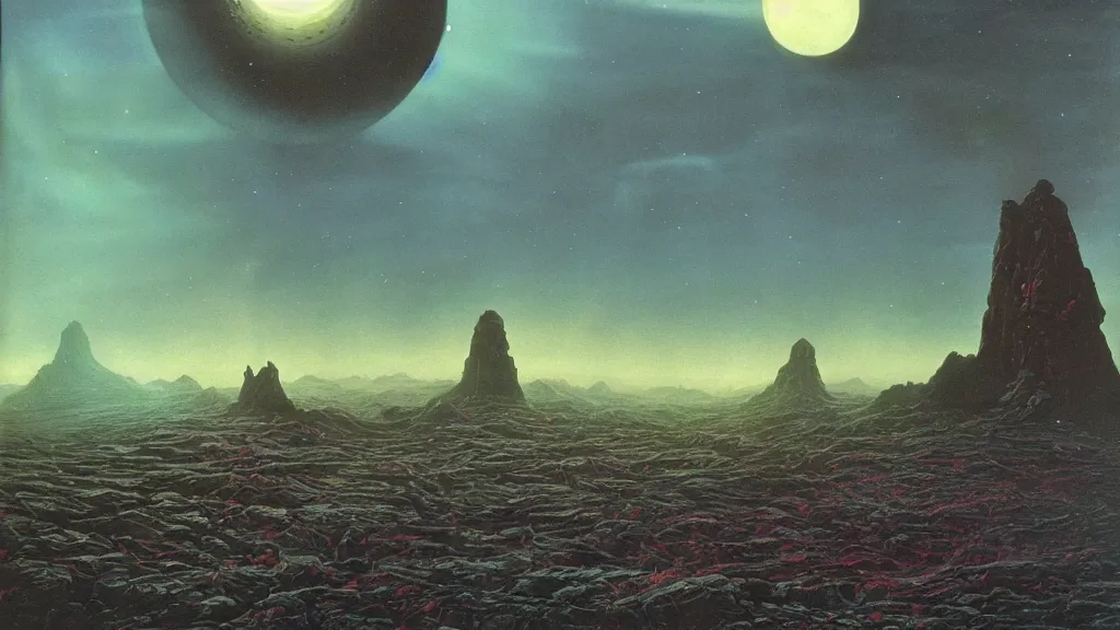 Image similar to eerie atmospheric alien planet with sinister landscape by angus mckie and bob eggleton and chris moore, epic cinematic matte painting