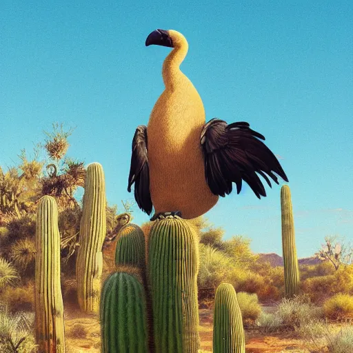 Image similar to A full body dodo bird perched atop a Saguaro cactus in the desert, digital art, trending on Artstation, high detail, sharp focus, illustration, art by artgerm and greg rutkowski and alphonse mucha.