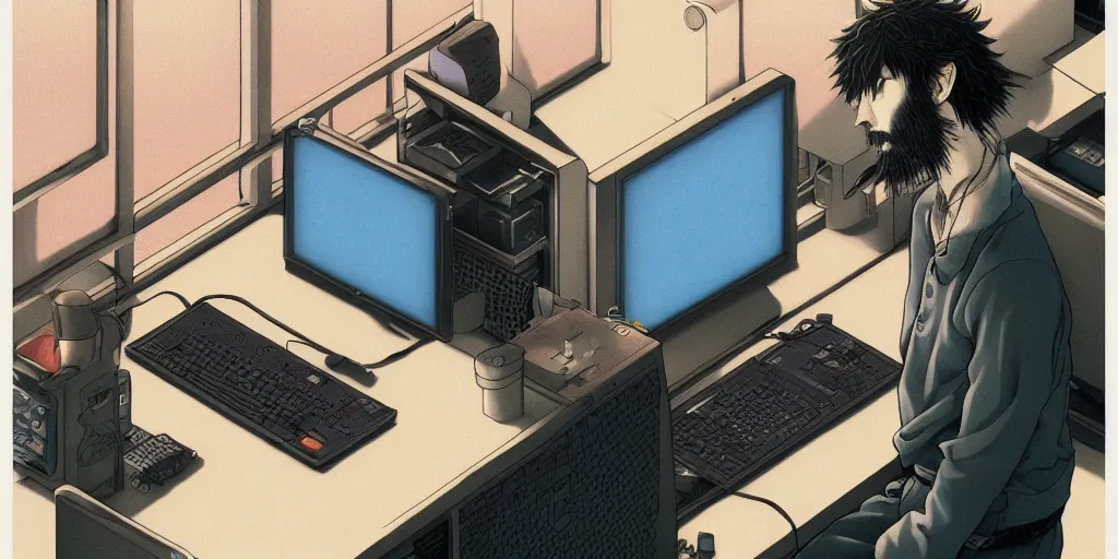 Prompt: programmer, man with beard, computer by hisashi eguchi, kentaro miura, and yoshitaka amano, soft colors, futuristic, 8 k