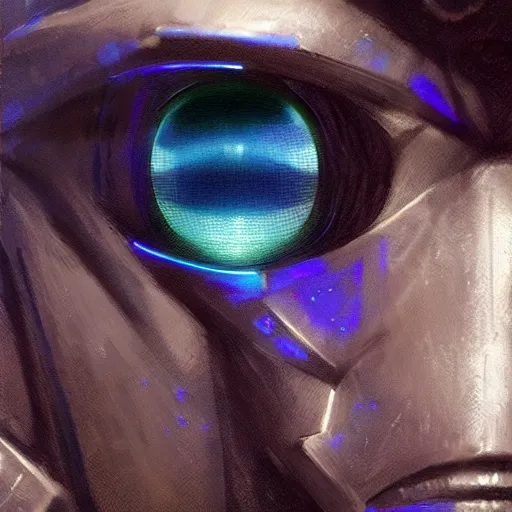 Prompt: robot with glowing blue eye as a realistic scifi cyberpunk knight, closeup portrait art by donato giancola and greg rutkowski, realistic face, digital art, trending on artstation, symmetry!!!
