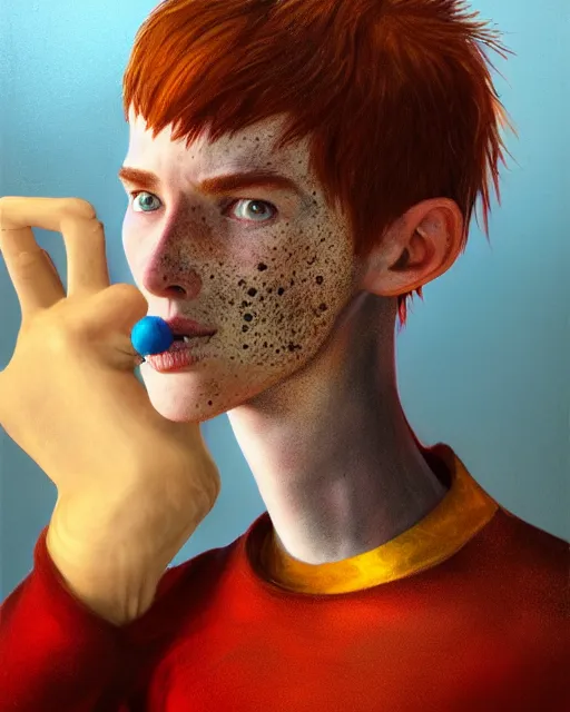 Prompt: a hyper real portrait painting of tall, thin, 1 5 - year - old boy with a long nose, a lot of freckles, fiery red hair, and bright blue eyes, 4 k, 8 k, d & d concept art, unreal 5, daz, hyperrealistic, octane render, cosplay, rpg portrait, dynamic lighting