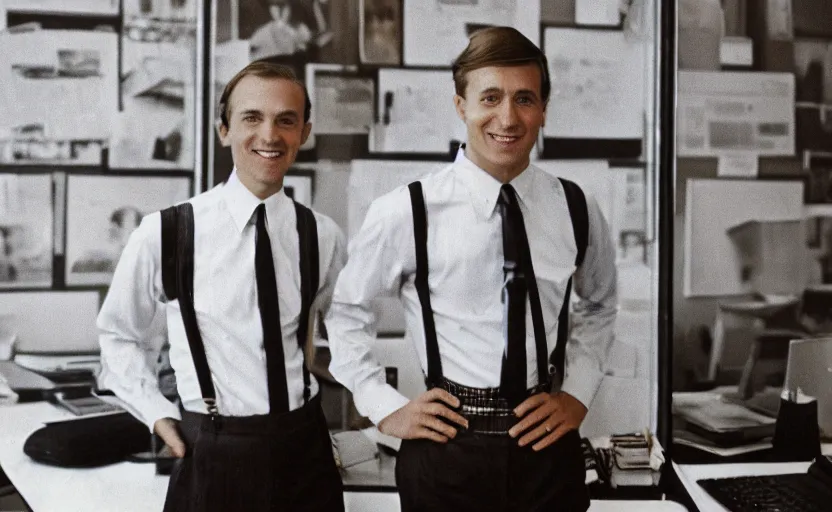 Image similar to color photo of a photomodel handsome wall street banker wearing suspenders in his office. 8 0's style