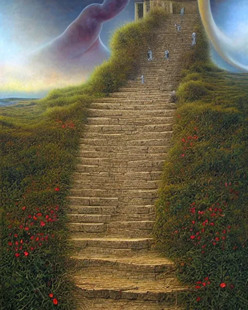 Prompt: Stairway to heaven by Tomasz Alen Kopera and salvator Dali, masterpiece