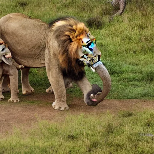 Prompt: a lion attacking an elephant on a hill 4 k photo