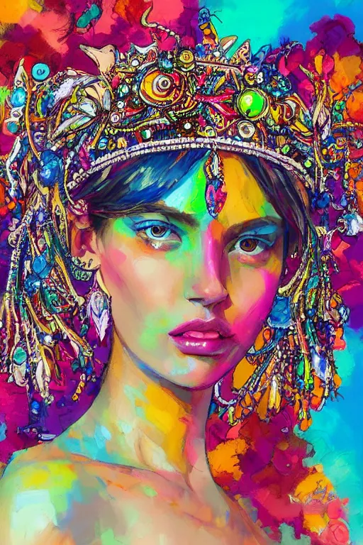 Image similar to a colorful psychedelic illustration of a fashion model wearing an alexander mcqueen beaded crown with beads hanging over her eyes, by magali villeneuve, artgerm, jeremy lipkin and michael garmash, rob rey and kentaro miura style, trending on art station