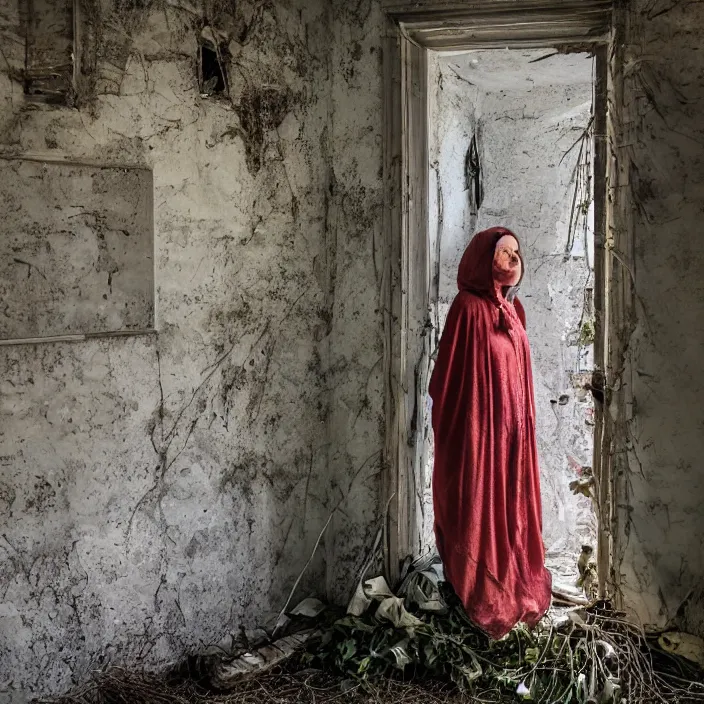 Image similar to a woman wearing a hooded cloak made of zinnias and barbed wire, in a derelict house, by Michela Riva, natural light, detailed face, CANON Eos C300, ƒ1.8, 35mm, 8K, medium-format print