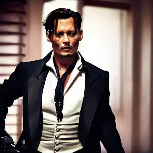 Prompt: johnny depp as James Bond, action scene, cinematic