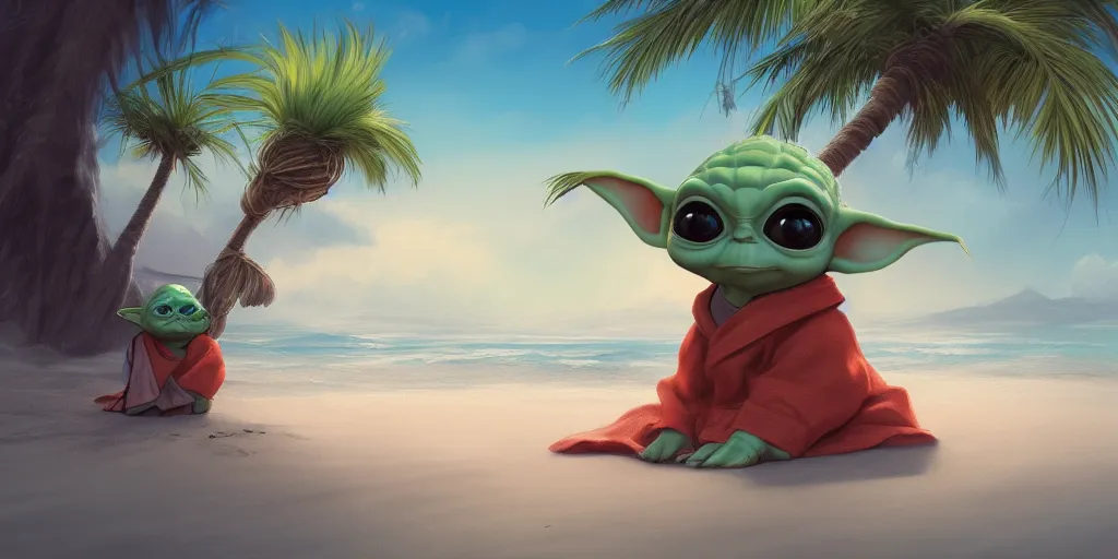 Image similar to Baby Yoda chillin on a beach, waves coming up onto the shore, palm trees swaying in the wind, hyperdetailed, artstation, cgsociety, 8k