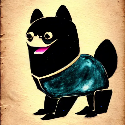 Image similar to a cute retro black pomeranian robot!!!!!! ( ( ( alcohol ink on parchment, muted colors, shading!!!, detailed, textured parchment background, 1 9 5 0 s concept art ) ) )