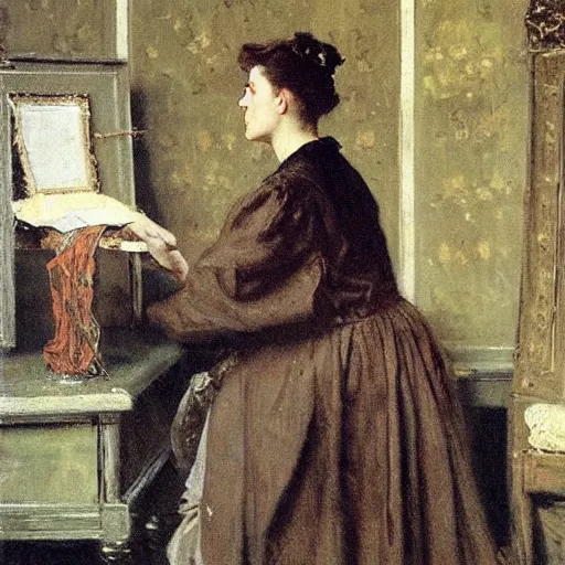 Prompt: solving a riddle by alfred stevens