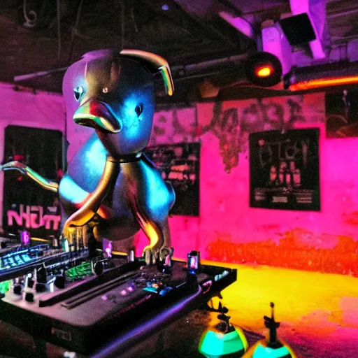 Image similar to A humanoid platypus performing a DJ set in a nightclub, underground magazine, indie culture, bright lights, crowded