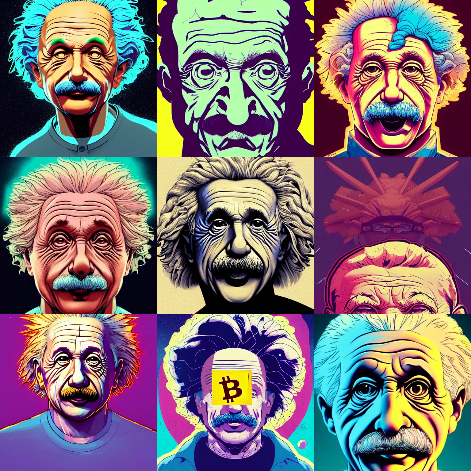 Prompt: cell shaded front face head shot of einstein, bitcoin in his eyes, concept art, llustration, concept art by josan gonzales and wlop, by james jean, victo ngai, david rubin, mike mignola, laurie greasley, highly detailed, sharp focus, logo trending on artstation, hq, deviantart, art by artgem