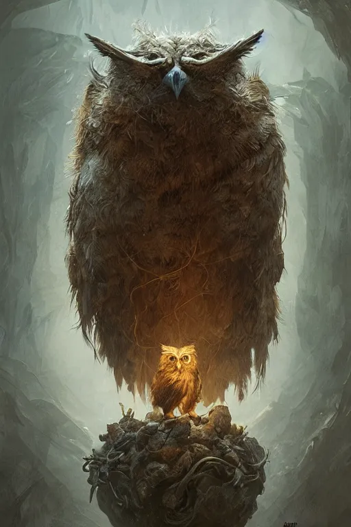 Image similar to owlbear , physically accurate, moody dynamic lighting, very very intricate, very very elegant, highly detailed, digital painting, artstation, HR GIGER, Hieronymus Bosch, Francis Bacon, concept art, smooth, very beautiful, sharp focus, illustration, art by artgerm and greg rutkowski and alphonse mucha