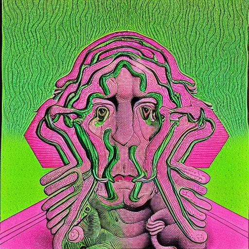 Image similar to green and pink graphic conceptual post - mortem monumental portrait made by escher and william blake and salvador dali, highly conceptual art, intricate detailed painting, illustration sharp detail, manga 1 9 9 0, experimentation cabinet