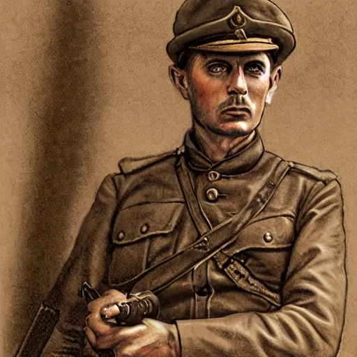 Image similar to a detailed photorealistic sepia - toned color line drawing of a 1 9 1 7 worried clean - shaven british lieutenant in detailed field gear not wearing a hat in wadi rum, ultra realistic, painted, intricate details, lovecraft, atmospheric, dark, horror, brooding, highly detailed, by clyde caldwell