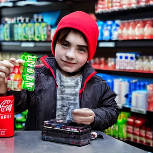 Image similar to cyberpunk young boy buying coke at the shop. 8 k, hd, portrait.