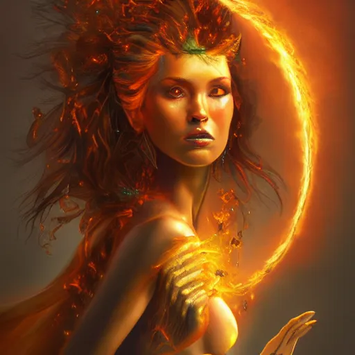 Image similar to A stunning portrait of a goddess, her body made of flames, by Jim Burns, 8K UHD, intricate, fantasy, Trending on artstation.