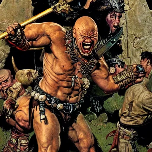 Prompt: grinning pit bull barbarian, fantasy warrior, drooling, ultra detailed, 4 k, style of norman rockwell, style of richard corben.