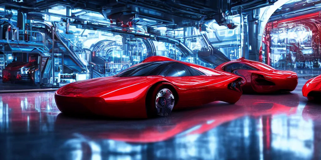 Image similar to kama russian electrocar, inside futuristic car plant, red car, sharp focus, ultra realistic, ultra high pixel detail, cinematic, intricate, cinematic light, unreal engine 8 k, 8 k, epic, intricate, volumetric lighting, trending on artstation