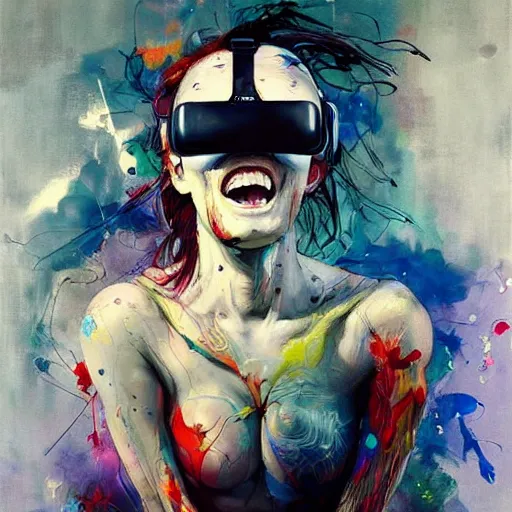 Image similar to grinning woman in a vr headset, dynamic energic pose, cyberpunk in the style of adrian ghenie, esao andrews, jenny saville, surrealism, dark art by james jean, takato yamamoto