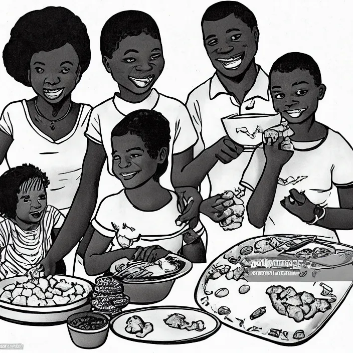 Image similar to African American family in 1979 with two daughters and a son eating chicken, mash potatoes, and rolls for dinner. Cartoon version