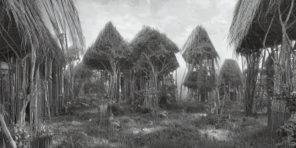 Image similar to long and tall organic houses, village, jungle, black and white, year 1 9 0 0, artstation, digital art