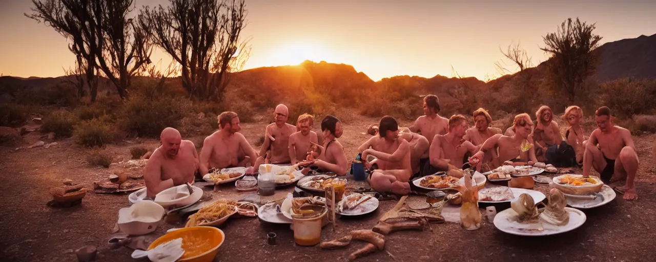 Prompt: group at a natural hot springs eating spaghetti, desert, sunset, kodachrome, in the style of wes anderson