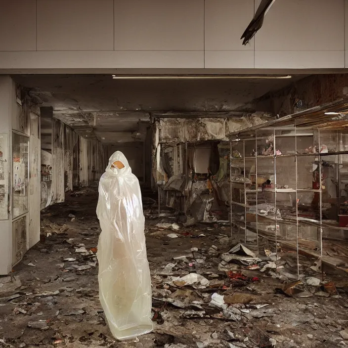 Prompt: a color photograph, closeup portrait of a woman wrapped in plastic, standing in an abandoned grocery store, color photograph, by vincent desiderio, canon eos c 3 0 0, ƒ 1. 8, 3 5 mm, 8 k, medium - format print