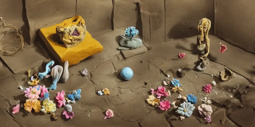 Image similar to plasticine sculpture stop motion. salvador dali clay models. gallery painting of flowers. water on floor. visitors. room with a small hole in wall. john craxton. high detail. photorealistic