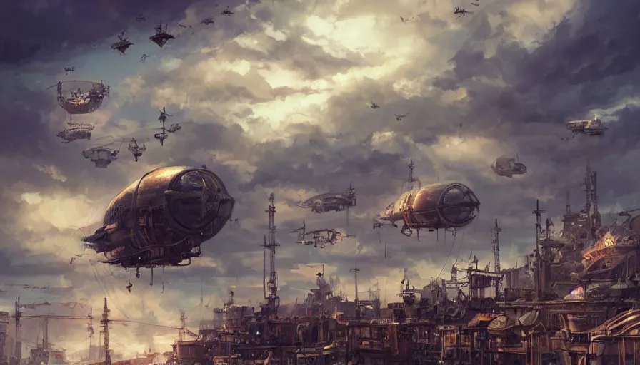 Prompt: steampunk airships in the air, stormy, clouds. Steampunk ships. Atmospheric lighting. By Makoto Shinkai, Stanley Artgerm Lau, WLOP, Rossdraws, James Jean, Andrei Riabovitchev, Marc Simonetti, krenz cushart, Sakimichan, trending on ArtStation, digital art.