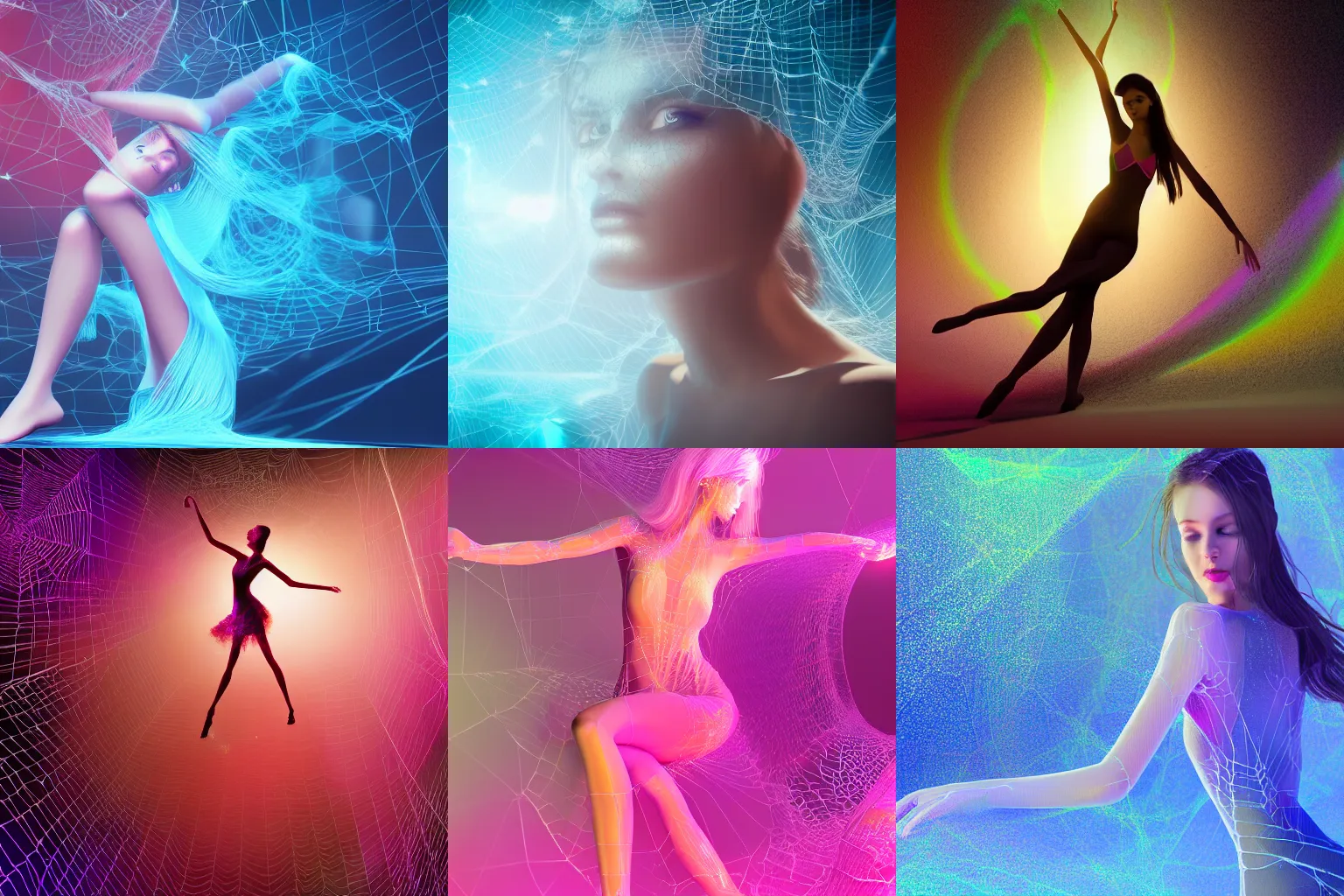 Prompt: A very detailed digital art rendering and concept design of a beautiful young ethereal woman beautifully positioned and dancing beautifully intertwined in realistic chromatic liquid like shot webs in volumetric lighting, three dimensions, a digitally transformed environment, user interface design, 3D modeling, illustration, and transportation design 4k,