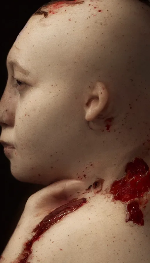 Image similar to a woman's face in profile, with white carapace plates extruding from the skin and red kintsurugi, in the style of the dutch masters and gregory crewdson, dark and moody