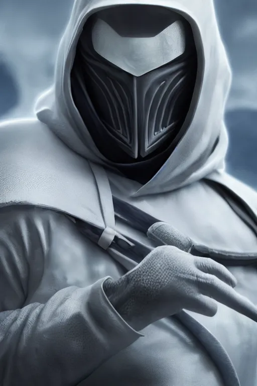 Image similar to hyperrealistic photography of Moon Knight mixed with Hokage style of Hossein Diba, Gal Yosef, full-shot, 4k, highly detailed, cinematic lighting, photorealistic, 3d render, award winning render, unreal engine, masterpiece, octane render, sharp focus, studio lighting, 8k, hd