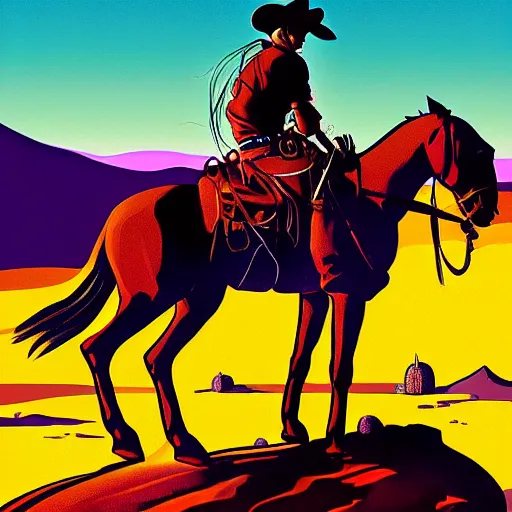 Image similar to digital illustration cowboy on the range, beautiful New Mexico landscape, Art Deco, dark deco, animated series, by Eric Radomski