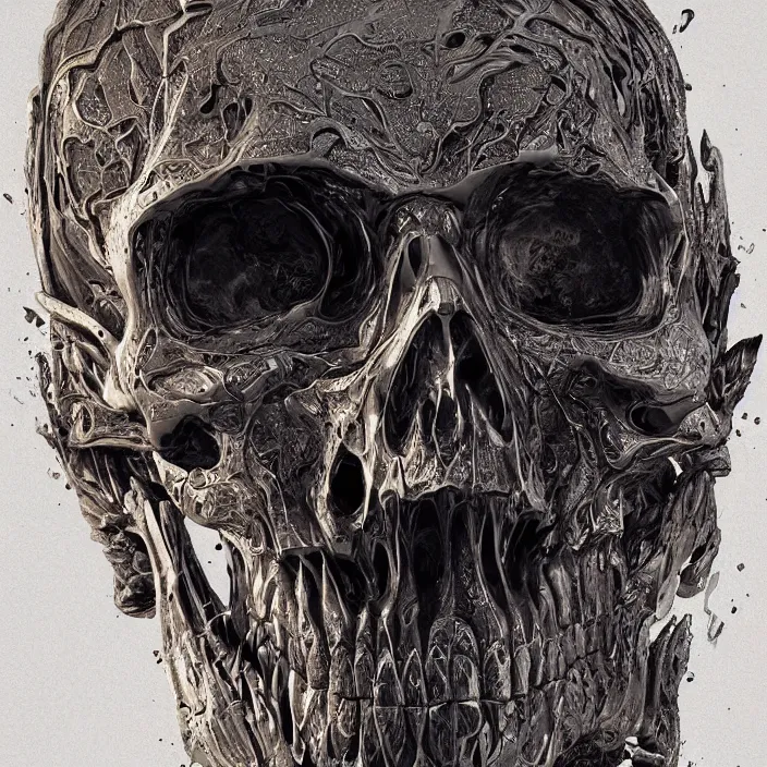 Prompt: portrait of a melting skull. razor sharp teeth. intricate abstract. intricate artwork. by Tooth Wu, wlop, beeple, dan mumford. octane render, trending on artstation, greg rutkowski very coherent symmetrical artwork. cinematic, hyper realism, high detail, octane render, 8k, depth of field, bokeh. iridescent accents