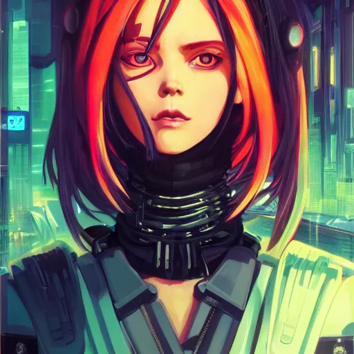 Image similar to a comic potrait of a cyberpunk cyborg girl with big and cute eyes, fine - face, realistic shaded perfect face, fine details. night setting. very anime style. realistic shaded lighting poster by ilya kuvshinov katsuhiro, magali villeneuve, artgerm, jeremy lipkin and michael garmash, rob rey and kentaro miura style, trending on art station