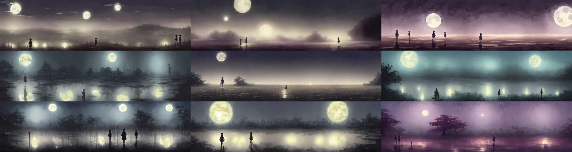 Prompt: a wholesome animation key shot of a deep random muddy foggy floor evening panorama with giant moon, studio ghibli, pixar and disney animation, sharp, rendered in gouache painting, anime gouache key art by greg rutkowski, bloom, dramatic, dynamic lighting