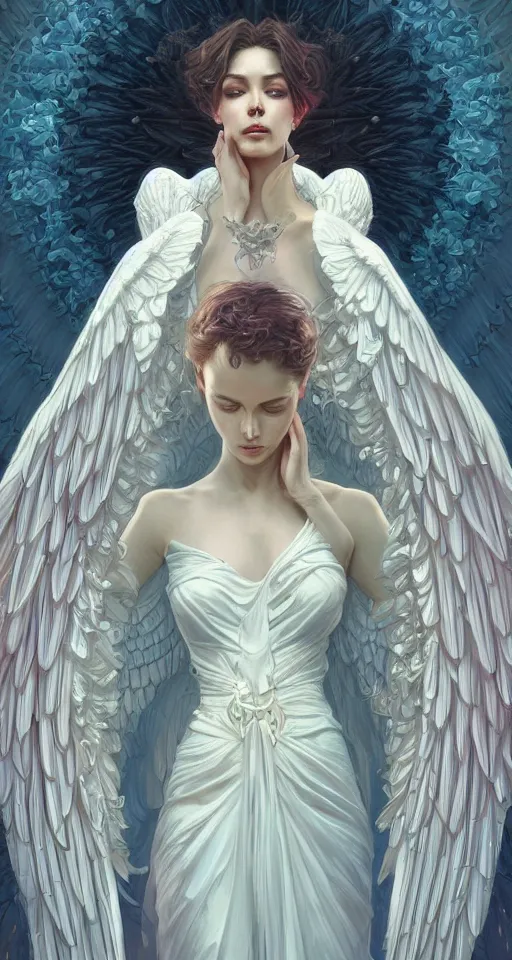 Image similar to beautiful young woman vaporwave aesthetic, synthwave, intricate, elegant, highly detailed, digital painting, wearing long gown, angelic wings, artstation, concept art, smooth, sharp focus, illustration, art by artgerm and greg rutkowski and alphonse mucha