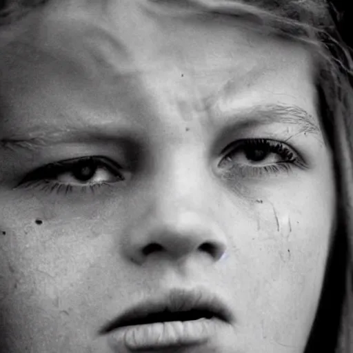 Prompt: a candid extreme closeup portrait of an expressive face of a scared young woman by annie leibovitz