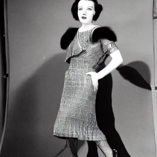 Prompt: an attractive woman is seen posing in a vintage 1 9 3 0 s portrait in front of a geometric art deco backdrop in a photographer's studio. she is wearing a woman's suit along with a white fur stole and a checkered scarf. she also has a matching handbag, gloves, shoes, and a wide - brimmed white hat on.