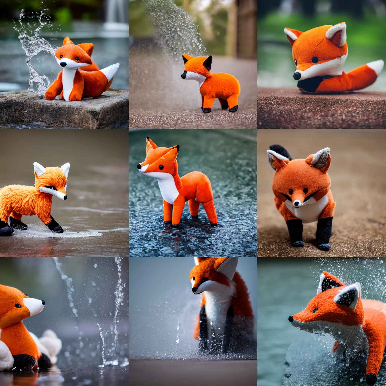 Prompt: A stuffed animal fox plushie shaking water off its coat, Sigma 85mm Lens F/1.8, award winning photography