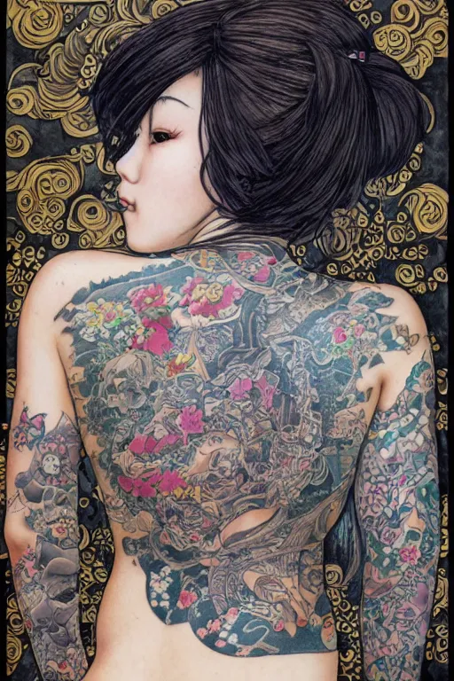 Prompt: portrait of yakuza girl with tattoo, highly detailed, artstation, illustration, art by Gustav Klimt